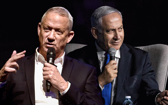 Montage: Head of Blue and White, Benny Gantz, left; and Prime Minister Benjamin Netanyahu, right. (Photos: Flash90)