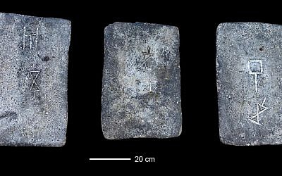 Some of the studied tin ingots from the sea off the coast of Israel (approx. 1300-1200 BCE). (Credit: Ehud Galili)