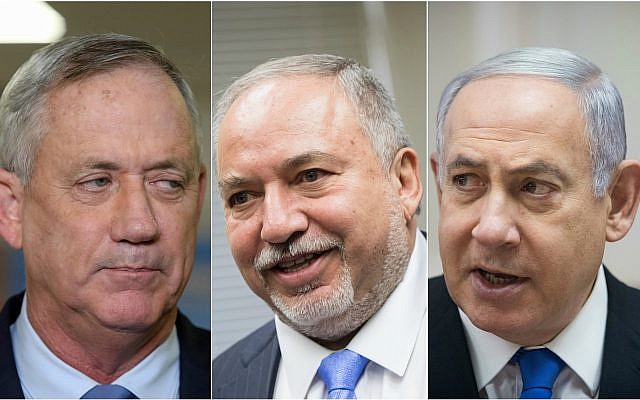 Photo composition (L to R): Blue and White chief Benny Gantz, Yisrael Beytenu chairman Avigdor Liberman and Prime Minister Benjamin Netanyahu. (Yonatan Sindel, Noam Revkin Fenton/Flash90)