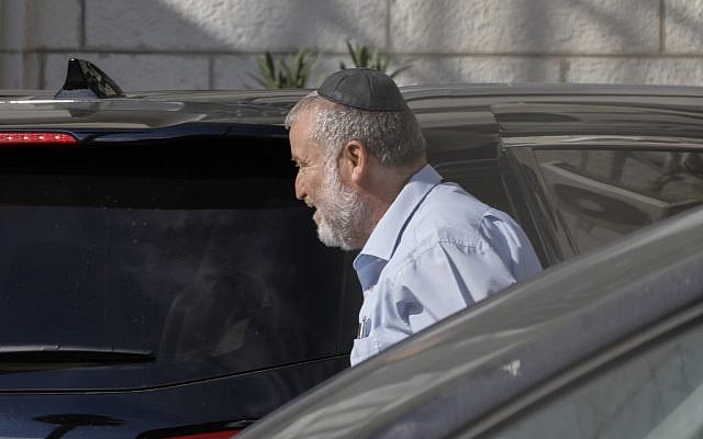 Attorney General Avichai Mandelblit arrives at Justice Ministry headquarters in Jerusalem for the start of Prime Minister Benjamin Netanyahu's pre-indictment hearings in a series of corruption cases, on October 2, 2019. (Menahem Kahana/AFP)