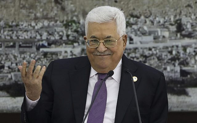 Palestinian Authority President Mahmoud Abbas during a meeting at the presidential compound in the West Bank city of Ramallah on October 6, 2019. (Abbas Momani/AFP)