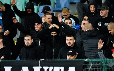 Bulgarian fans make the Nazi salute during the Euro 2020 Group A football qualification match between Bulgaria and England at the Vasil Levski National Stadium in Sofia on October 14, 2019. (Nikolay Dovchinov/AFP)