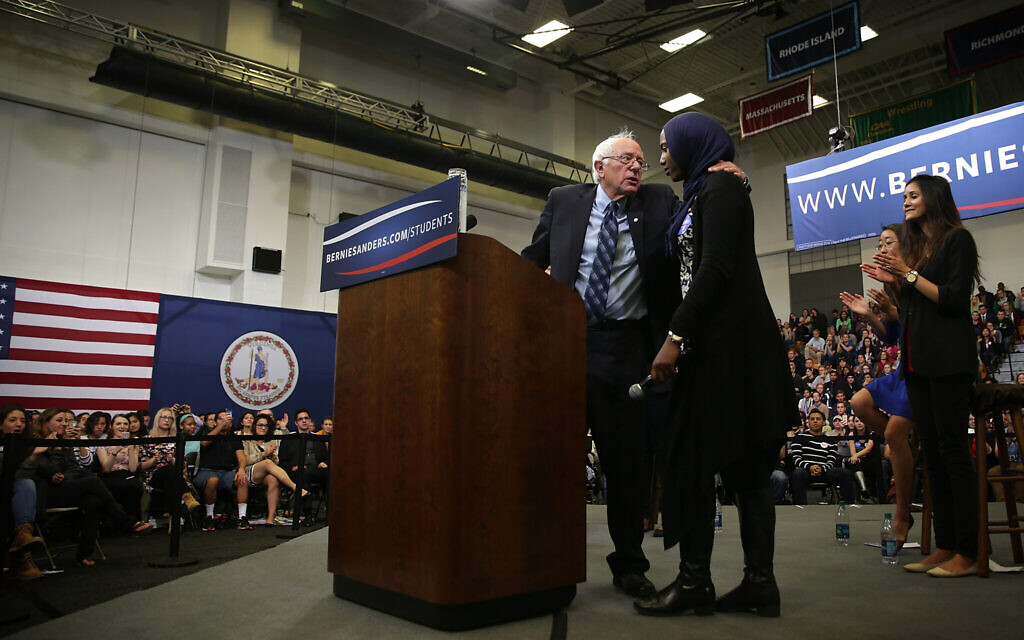 Bernie Sanders with Remaz Abdelgader, a Muslim student, during a National Student Town Hall at George Mason University in Fairfax, Virginia, October 28, 2015. (Alex Wong/Getty Images/via JTA)