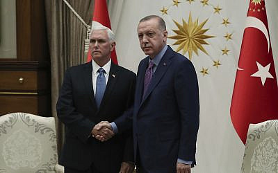 US Vice President Mike Pence, left, and Turkish President Recep Tayyip Erdogan at the presidential palace, in Ankara, Turkey, on October 17, 2019 (Presidential Press Service via AP, Pool )
