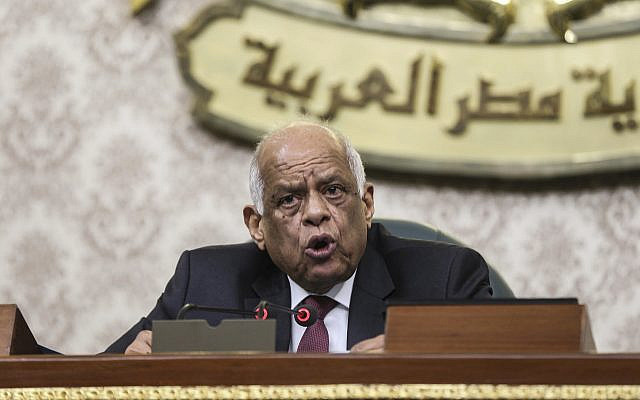 Parliament Speaker Ali Abdel Aal presides over Egypt's Parliament as it meets to deliberate constitutional amendments allowing Egyptian President Abdel-Fattah el-Sissi to stay in office till 2034, in Cairo Egypt, February 13, 2019. (AP Photo)