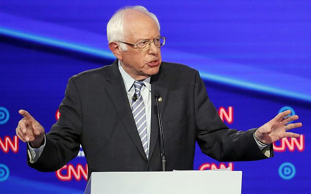 Democratic presidential candidate Sen. Bernie Sanders, Independent-Vermont, speaks during a Democratic presidential primary debate hosted by CNN/New York Times at Otterbein University, October 15, 2019, in Westerville, Ohio. (John Minchillo/AP)