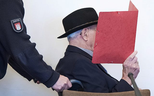 93-year-old former SS guard Bruno Dey in the concentration camp Stutthof near Danzig in the regional court in Hamburg, Germany, October 17, 2019.  (Daniel Bockwoldt/dpa via AP)