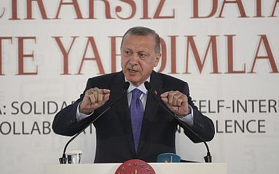 Turkish President Recep Tayyip Erdogan addresses an African Muslim Religious Leaders Summit, in Istanbul, October 19, 2019 (Presidential Press Service via AP, Pool)