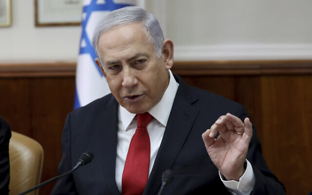 Prime Minister Benjamin Netanyahu chairs the weekly cabinet meeting at his office in Jerusalem, October 27, 2019. (Gali Tibbon/Pool Photo via AP)