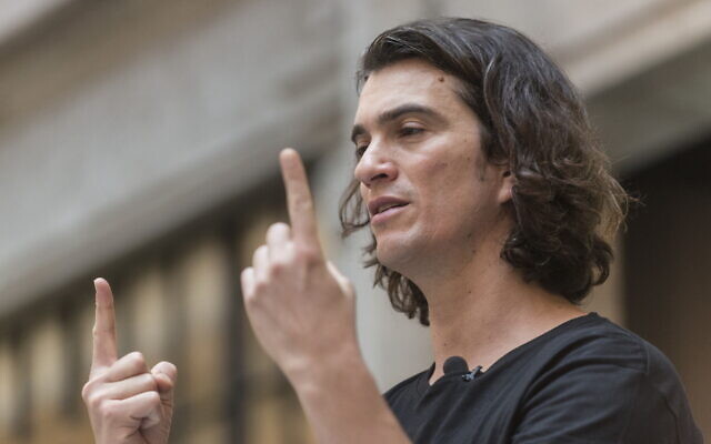 Adam Neumann, co-founder and chief executive officer of WeWork, speaks during a signing ceremony at WeWork Weihai Road flagship on April 12, 2018 in Shanghai, China. (Jackal Pan/Visual China Group via Getty Images via JTA)