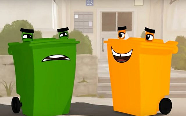 Scene from a promotional video issued by the Tamir Recycling Corporation showing a green bin for general household waste being joined by an orange bin for recyclable containers. (Screenshot)