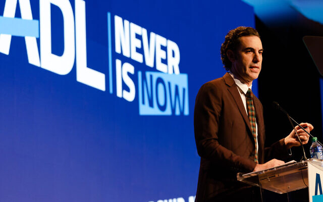 Sacha Baron Cohen speaks at the Anti-Defamation League’s Never Is Now conference in New York, November 21, 2019. (Jennifer Liseo/ADL)