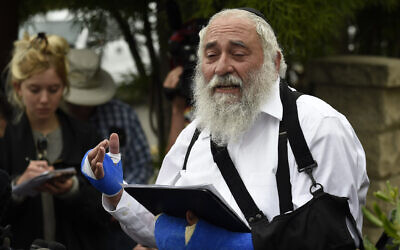 Rabbi Yisroel Goldstein speaks at a news conference at the Chabad of Poway synagogue, April 28, 2019, in Poway, California. (AP Photo/Denis Poroy)