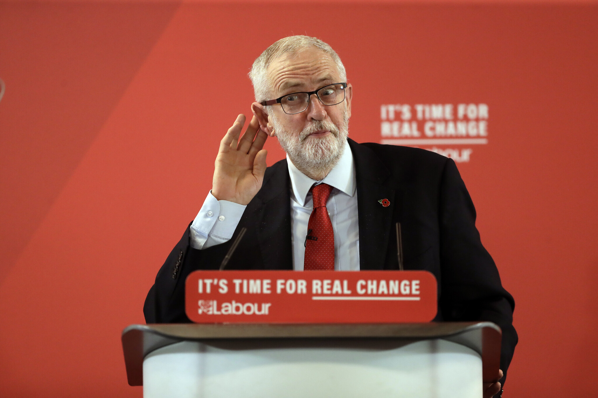 Britain's opposition Labour party leader Jeremy Corbyn delivers a speech during an election campaign event on Brexit in Harlow, England, Tuesday, Nov. 5, 2019. Britain goes to the polls on Dec. 12. (AP Photo/Matt Dunham)