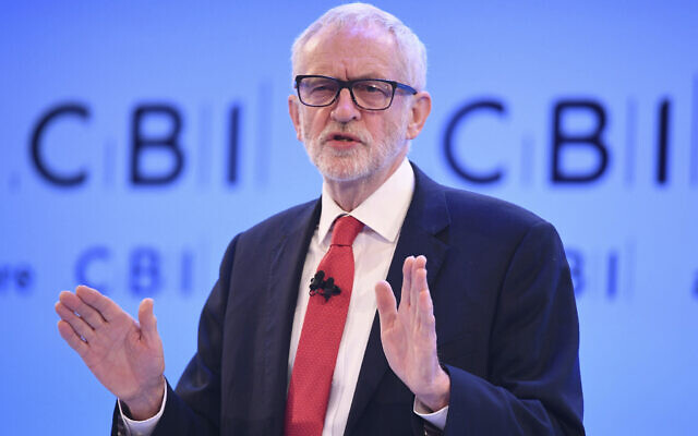 Labour leader Jeremy Corbyn speaks at the Confederation of British Industry (CBI) annual conference at the InterContinental Hotel in London, Monday, Nov. 18, 2019.  (Stefan Rousseau/PA via AP)