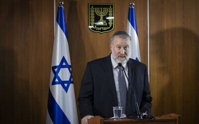 Attorney General Avichai Mandelblit holds a press conference at the Ministry of Justice in Jerusalem, announcing his decision that Prime Minister Benjamin Netanyahu will stand trial for bribery, fraud and breach of trust in three different corruption cases, dubbed by police Case 1000, Case 2000 and Case 4000. November 21, 2019. (Hadas Parush/FLASH90)