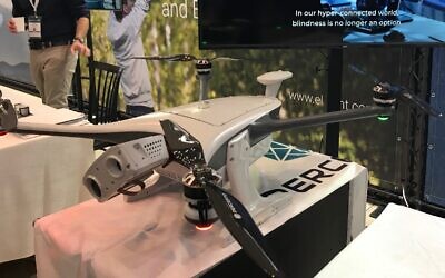 A drone developed by Israeli startup Percepto on display at the UVID 2019 conference and exhibition at Airport City, November 7, 2019. (Shoshanna Solomon/Times of Israel)