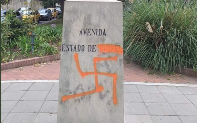 A menorah monument vandalized with a swastika in Bogota, Columbia on November 1, 2019. (Christian Cantor/Twitter)