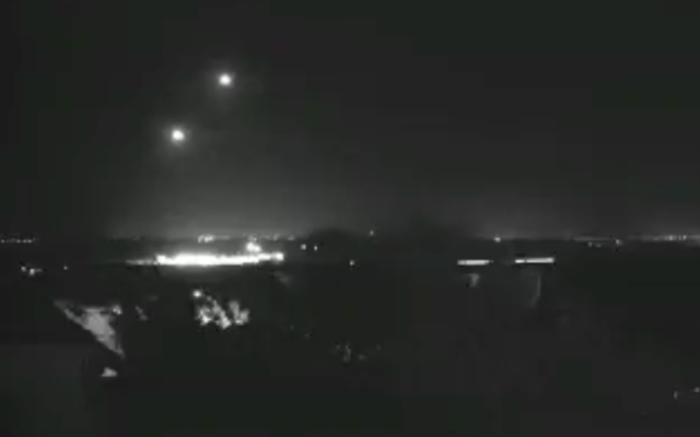 Iron Dome interceptor missiles are fired at incoming rockets from the Gaza Strip over the town of Sderot in southern Israel on November 26, 2019. (Screen capture: Hadashot Bitcachon Sadeh)