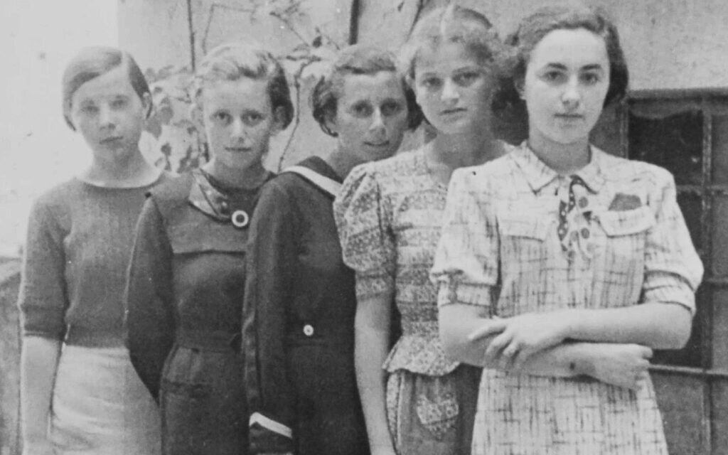 From left: an unidentified girl, Anna Herskovicova, another unidentified girl, Lea Friedmann, and Debora Gross (Adela’s sister), c. 1936. (Courtesy of Heather Dune Macadam)