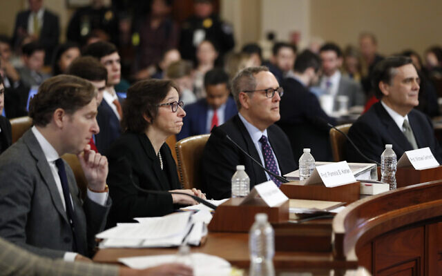 From left, Constitutional law experts, Harvard Law School professor Noah Feldman, Stanford Law School professor Pamela Karlan, University of North Carolina Law School professor Michael Gerhardt and George Washington University Law School professor Jonathan Turley testify during a hearing before the House Judiciary Committee on the constitutional grounds for the impeachment of President Donald Trump, on Capitol Hill in Washington, December 4, 2019. (AP Photo/Andrew Harnik)