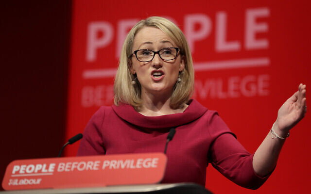 Rebecca Long-Bailey, Britain’s Shadow Business secretary speaks on stage during the Labour Party Conference at the Brighton Centre in Brighton, England, Tuesday, Sept. 24, 2019. (AP Photo/Kirsty Wigglesworth)