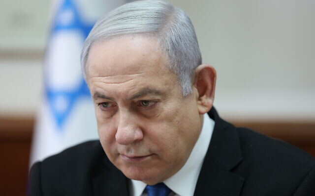 Prime Minister Benjamin Netanyahu attends the weekly cabinet meeting at his office in Jerusalem, Israel, December 1, 2019. (Abir Sultan/Pool Photo via AP)