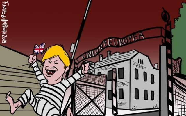 A cartoon by Italian cartoonist Mario Improta depicting the European Union as Auschwitz and British Prime Minister Boris Johnson as an escaped prisoner, December 14, 2019. (Mario Improta/Twitter)