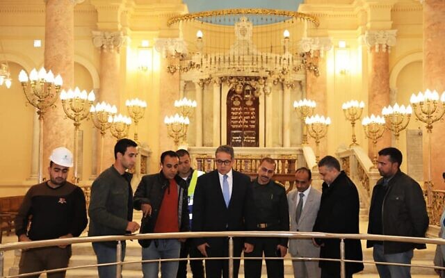 Egyptian Antiquities Minister Khaled al-Anani touring the Eliyahu Hanavi synagogue on December 20, 2019. (Egyptian Antiquities Ministry)