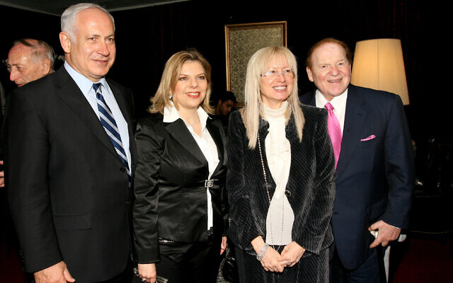 American billionaire businessman and philanthropist Sheldon Adelson (R) and his wife Miriam, with Prime Minister Benjamin Netanyahu and his wife Sara attend the Israeli Presidential Conference at the International Conference Center in Jerusalem May 13, 2008. (Anna Kaplan /FLASH90)