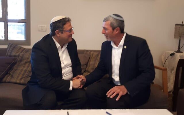 Jewish Home leader Rafi Peretz, right, with Itamar Ben Gvir, left, of the extremist Otzma Yehudit party on Friday, December 20, 2019. (Courtesy)