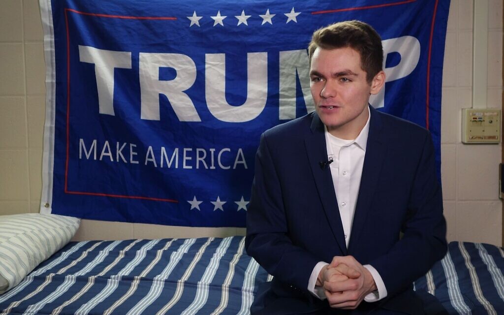 Nick Fuentes answers question during an interview with Agence France-Presse in Boston, May 9, 2016. (William Edwards/AFP via Getty Images/via JTA)