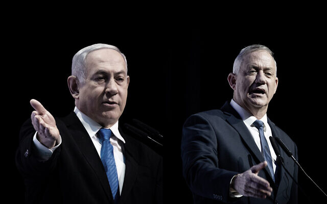 A composite photo showing Prime Minister Benjamin Netanyahu, left, and Blue and White party chief, Benny Gantz, right, speaking separately at a media conference in Jerusalem, December 8, 2019. (Yonatan Sindel/Hadas Parush/Flash90)