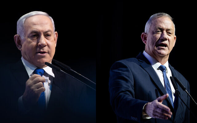 This composite photo shows Prime Minister Benjamin Netanyahu, left, and Blue and White party chief, Benny Gantz, right, speaking separately at a media conference in Jerusalem, December 8, 2019. (Yonatan Sindel/Hadash Parush/Flash90)