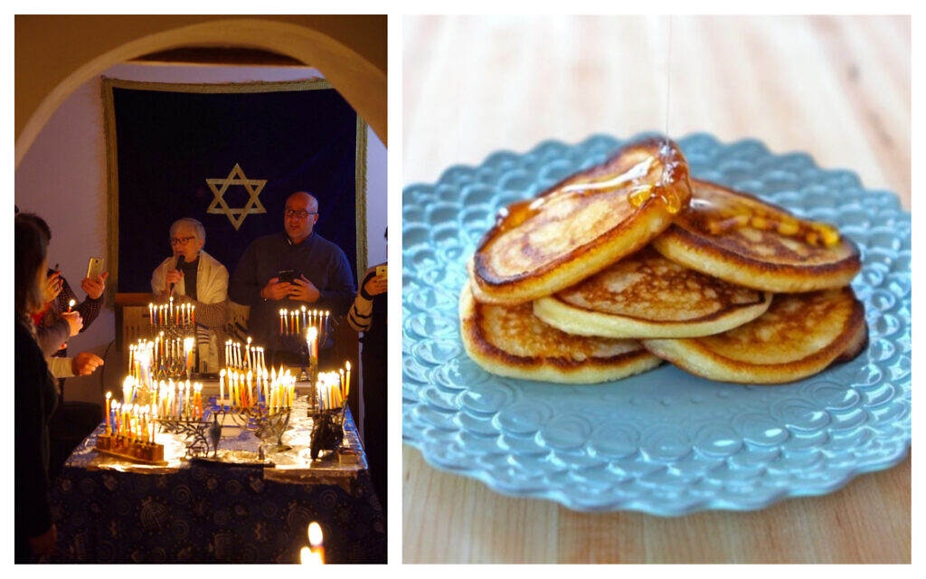 Left: In an undated photo from recent years, Jews celebrate Hanukkah at Sinagoga Ner Tamid del Sud in Calabria, the first active synagogue since the area's Jews were expelled in the Inquisition 500 years ago. (Courtesy Rabbi Barbara Aiello); Right: Cassola, or ricotta pancakes, for Hanukkah by food blogger Tori Avey. (Courtesy Avey)