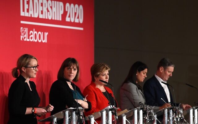 (L-R) British Labour leadership candidates, Rebecca Long-Bailey, Jess Phillips, Emily Thornberry, Lisa Nandy and Keir Starmer are seen on stage during the Leader hustings event in Liverpool, England, on January 18, 2020. (Paul Ellis/AFP)