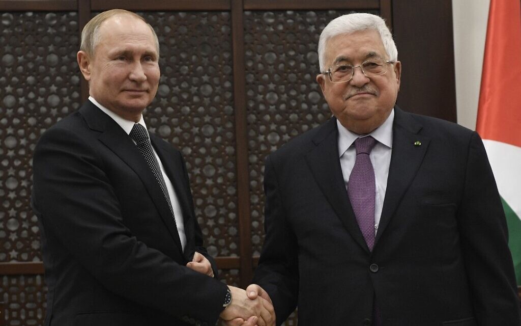 Russian President Vladimir Putin meets with Palestinian Authority President Mahmoud Abbas in the West Bank town of Bethlehem on January 23, 2020. (Alexander NEMENOV / various sources / AFP)