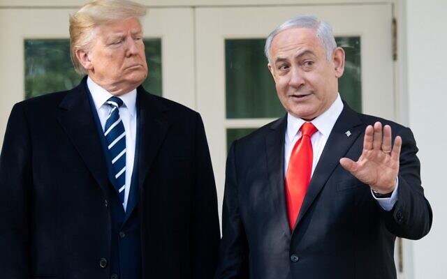 US President Donald Trump and Israeli Prime Minister Benjamin Netanyahu speak to the press on the West Wing Colonnade prior to meetings at the White House in Washington, DC, January 27, 2020. (SAUL LOEB / AFP)