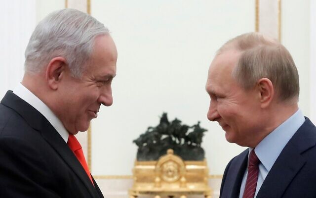 File: Russian President Vladimir Putin (right) meets with then-prime minister Benjamin Netanyahu at the Kremlin in Moscow on January 30, 2020. (Maxim Shemtov/Pool/AFP)