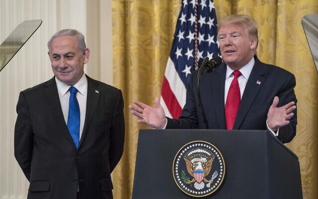 US President Donald Trump and Israeli Prime Minister Benjamin Netanyahu participate in a joint statement in the East Room of the White House, in Washington, DC, on January 28, 2020. (Sarah Silbiger/Getty Images/AFP)