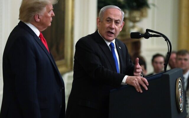 Prime Minister Benjamin Netanyahu (R) speaks during a press conference with US President Donald Trump in the East Room of the White House on January 28, 2020, in Washington. (Alex Wong/Getty Images/AFP)