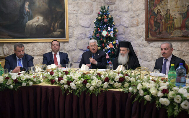 Palestinian Authority President Mahmoud Abbas speaking at an Orthodox Christmas Eve dinner on January 6, 2020, in Bethlehem. (Credit: Wafa)