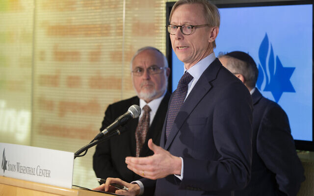 Brian Hook, a US special representative on Iran, takes questions from the media at the Simon Wiesenthal Center in Los Angeles, January 7, 2020. (AP Photo/Damian Dovarganes)