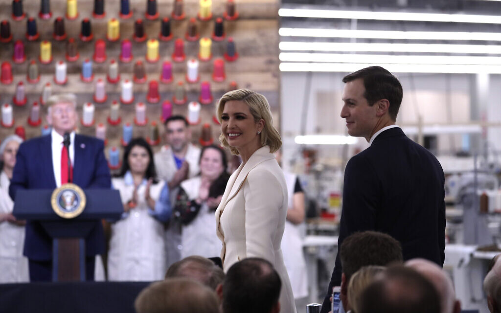 Ivanka Trump and senior adviser Jared Kushner are recognized as President Donald Trump speaks during a ribbon cutting ceremony at the Louis Vuitton Workshop Rochambeau in Alvarado, Texas, October 17, 2019. (AP Photo/Andrew Harnik)