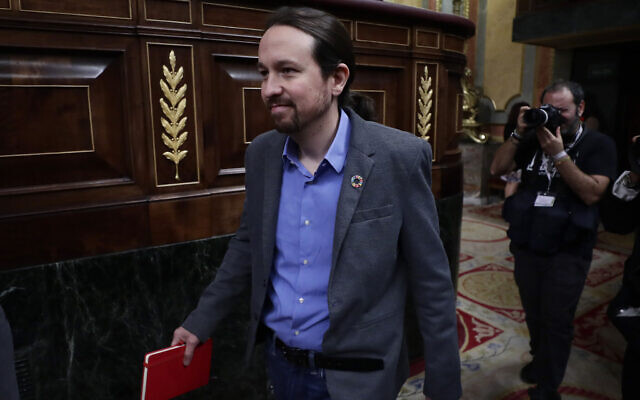 Podemos party leader Pablo Iglesias arrives at the Spanish Parliament in Madrid, Spain, January 7, 2020. (AP Photo/Manu Fernandez)