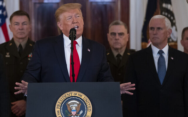 US President Donald Trump addresses the nation from the White House on the ballistic missile strike that Iran launched against Iraqi air bases housing US troops, January 8, 2020. (AP Photo/ Evan Vucci)
