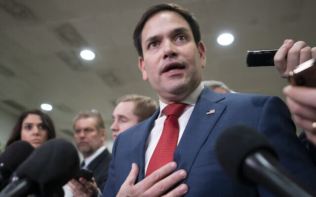 Sen. Marco Rubio, a member of both the Senate Intelligence Committee and Foreign Relations Committee, takes questions from reporters after a briefing by Secretary of State Mike Pompeo, Defense Secretary Mark Esper, and other national security officials, Jan. 8, 2020 on Capitol Hill in Washington. (AP Photo/J. Scott Applewhite)
