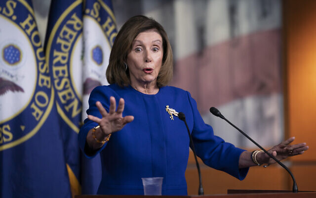US House Speaker Nancy Pelosi speaks with reporters following an escalation of tensions between the United States and Iran, January 9, 2020, on Capitol Hill in Washington. (AP/J. Scott Applewhite)