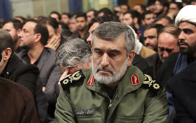 Gen. Amir Ali Hajizadeh, the head of the Revolutionary Guard’s aerospace division, attends a mourning ceremony for general Qassem Soleimani on January 9, 2020, a day after his forces shot down a Ukrainian airliner, in Tehran, Iran. (Office of the Iranian Supreme Leader via AP)