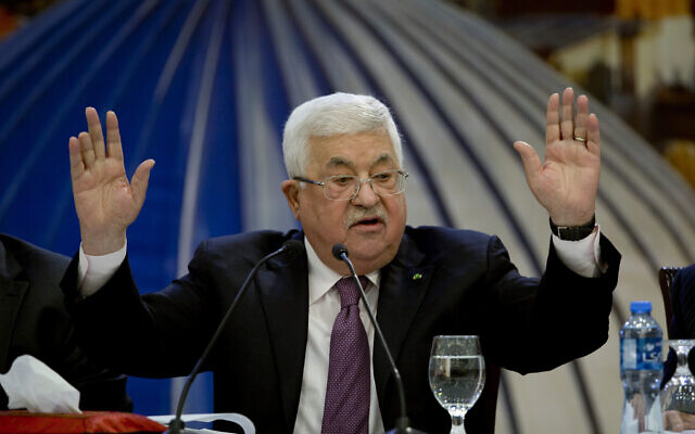 Palestinian Authority President Mahmoud Abbas speaks after a meeting of the Palestinian leadership in the West Bank city of Ramallah, January 22, 2020. (Majdi Mohammed/AP)